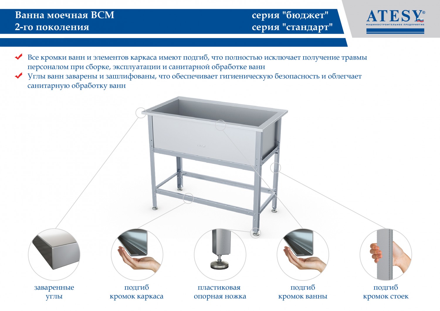 Ванна моечная односекционная Atesy типа ВСМ-Б Бюджет (большая) - купить в  Саратове - ТоргТехОборудование